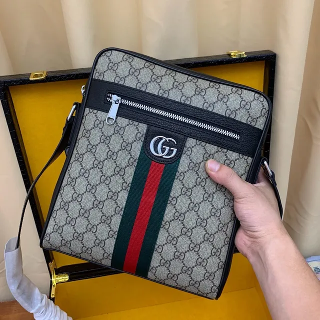 Gucci Ophidia GG Beige Black Monogram Canvas Web Stripe Accent Messenger Bag 7