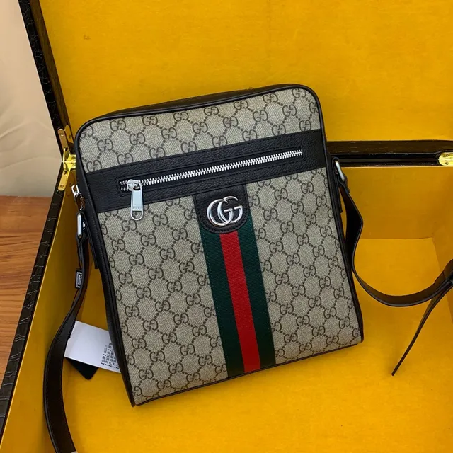 Gucci Ophidia GG Beige Black Monogram Canvas Web Stripe Accent Messenger Bag 8