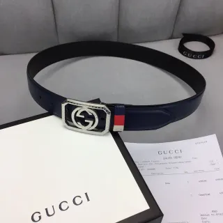 Gucci Ophidia GG Navy Silver Octagonal Crystal-Embellished Buckle Interlocking G Logo Leather Belt