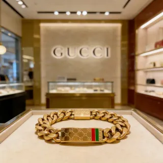 Gucci Ophidia Gold Red Chunky Curb Chain Engraved Interlocking G Plaque Bracelet