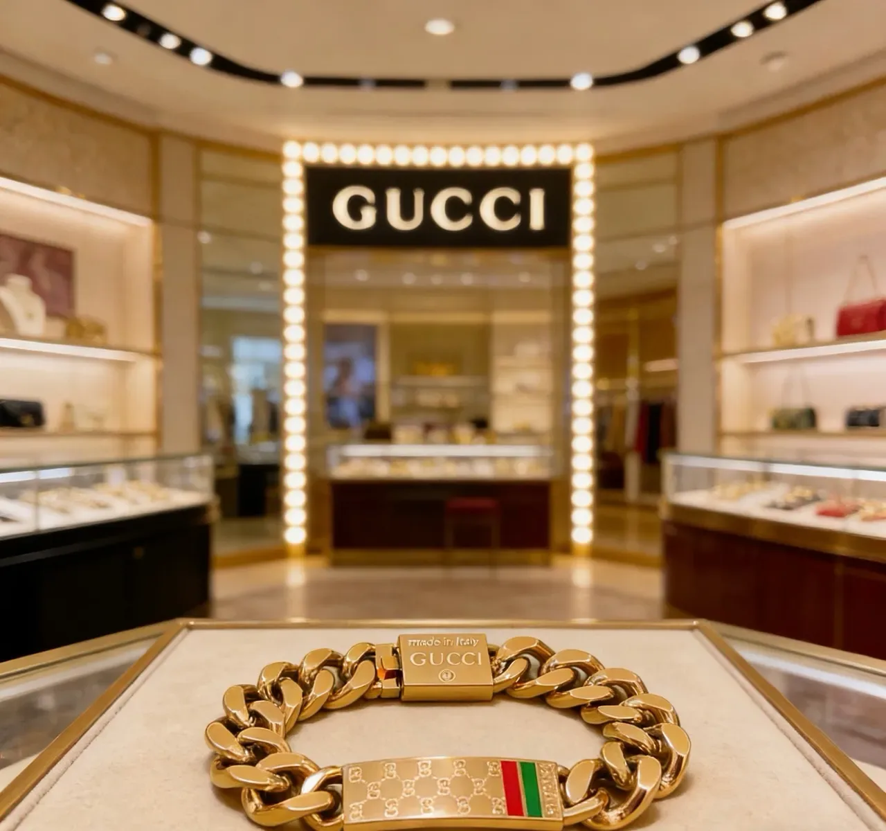 Gucci Ophidia Gold Red Chunky Curb Chain Engraved Interlocking G Plaque Bracelet 4