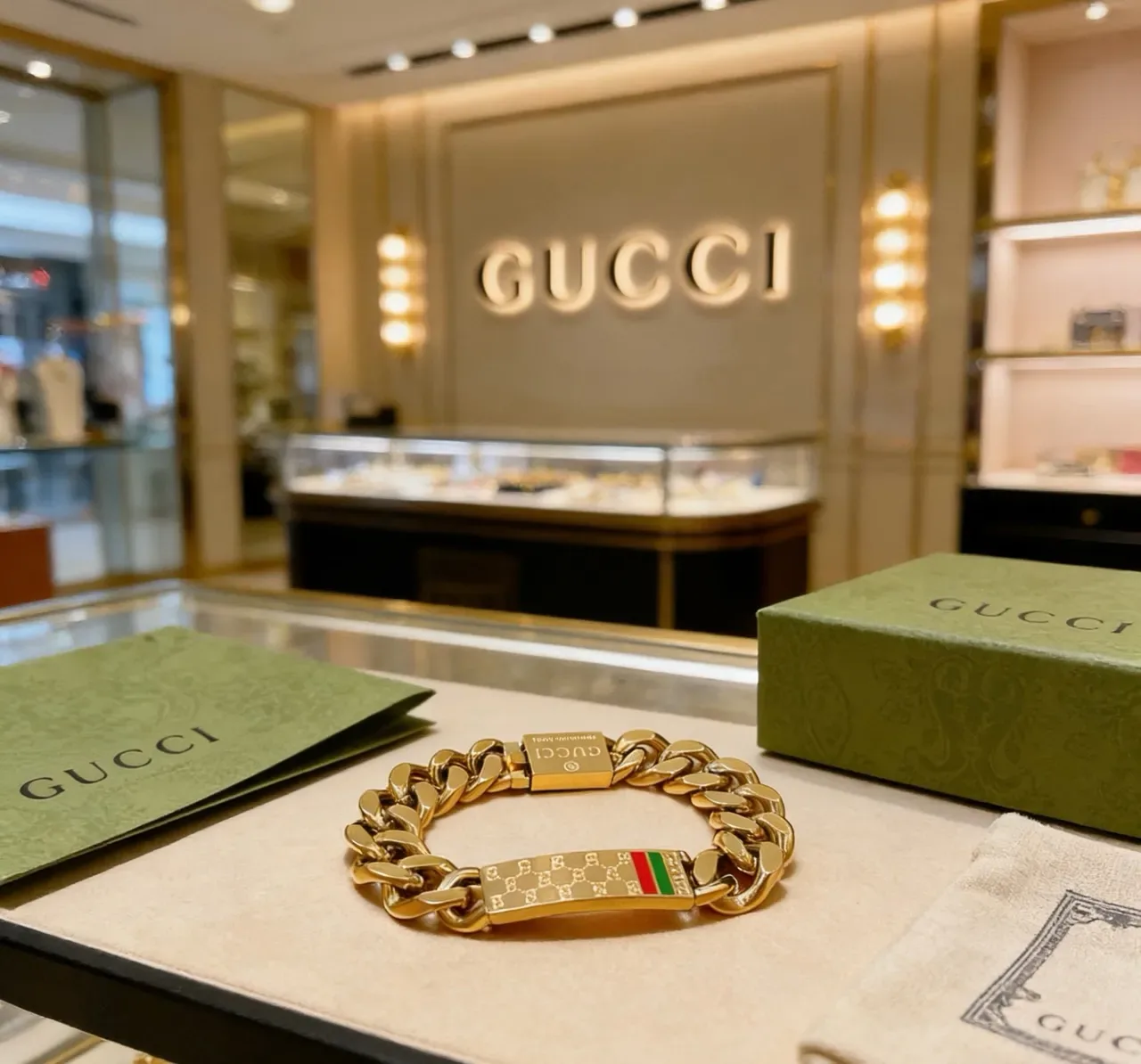 Gucci Ophidia Gold Red Chunky Curb Chain Engraved Interlocking G Plaque Bracelet 6