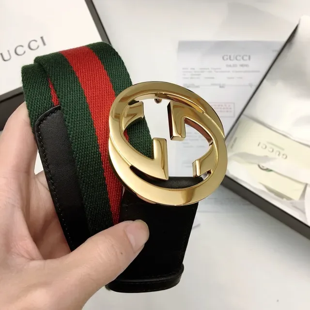Gucci Ophidia Green Black Interlocking G Buckle Web Stripe Canvas Leather Belt 3