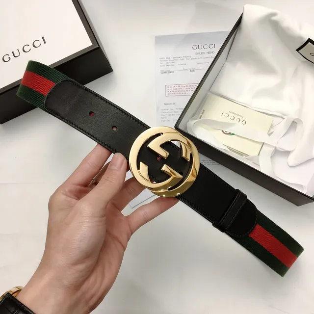 Gucci Ophidia Green Black Interlocking G Buckle Web Stripe Canvas Leather Belt 5