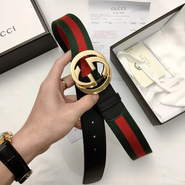 Gucci Ophidia Green Black Interlocking G Buckle Web Stripe Canvas Leather Belt 6
