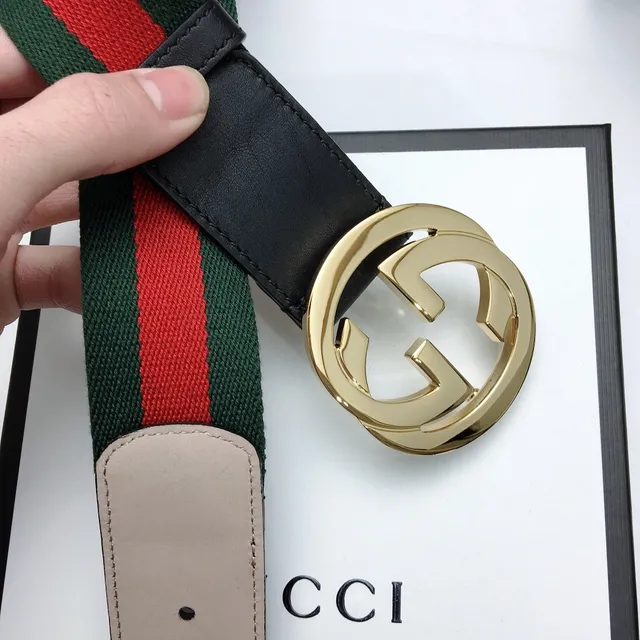 Gucci Ophidia Green Black Interlocking G Buckle Web Stripe Canvas Leather Belt 8