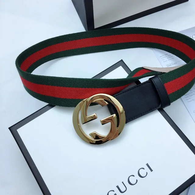 Gucci Ophidia Green Black Interlocking G Buckle Web Stripe Canvas Leather Belt 9