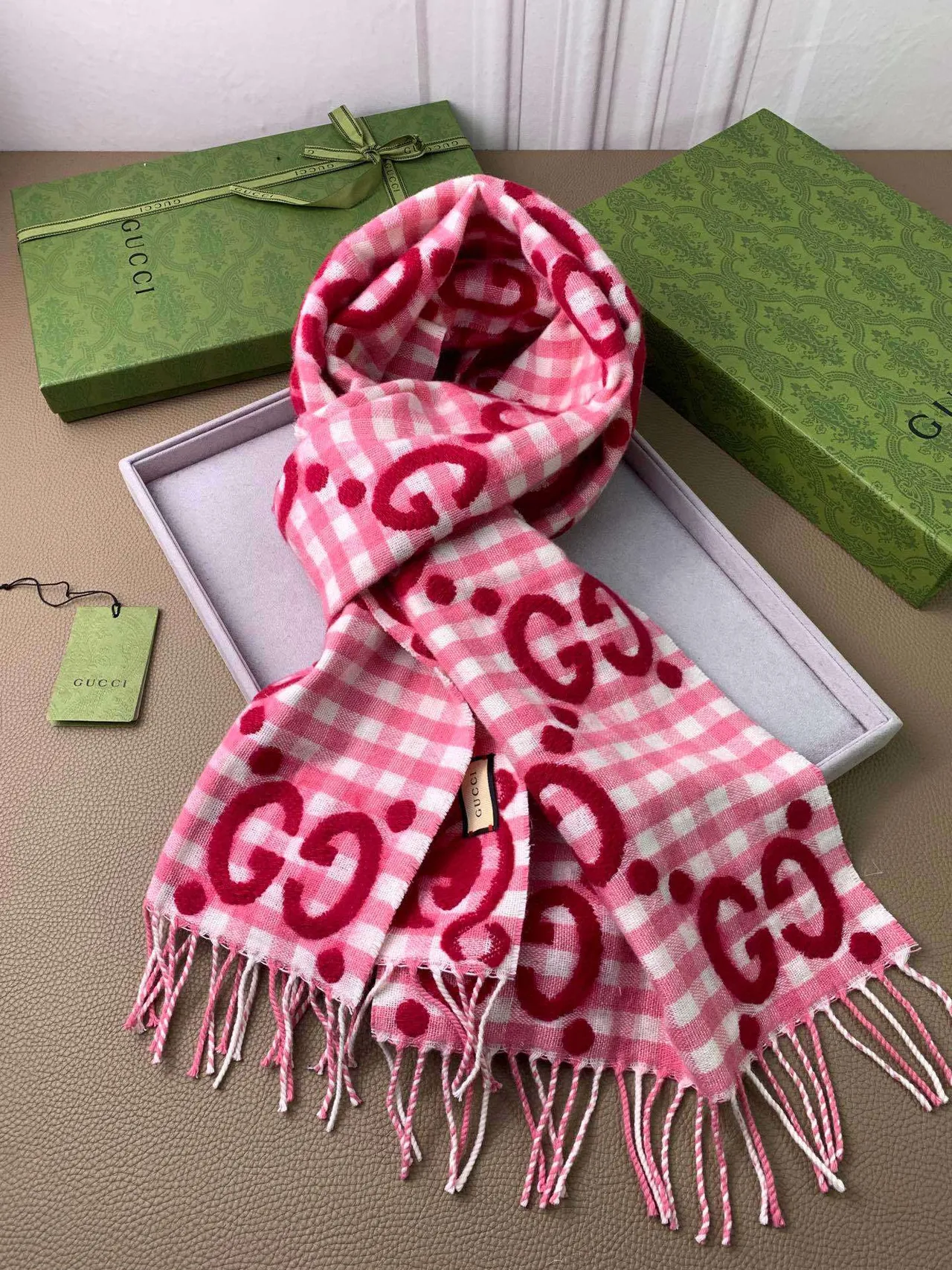 Gucci Pink and White Gingham Interlocking GG Monogram Cashmere Scarf 3