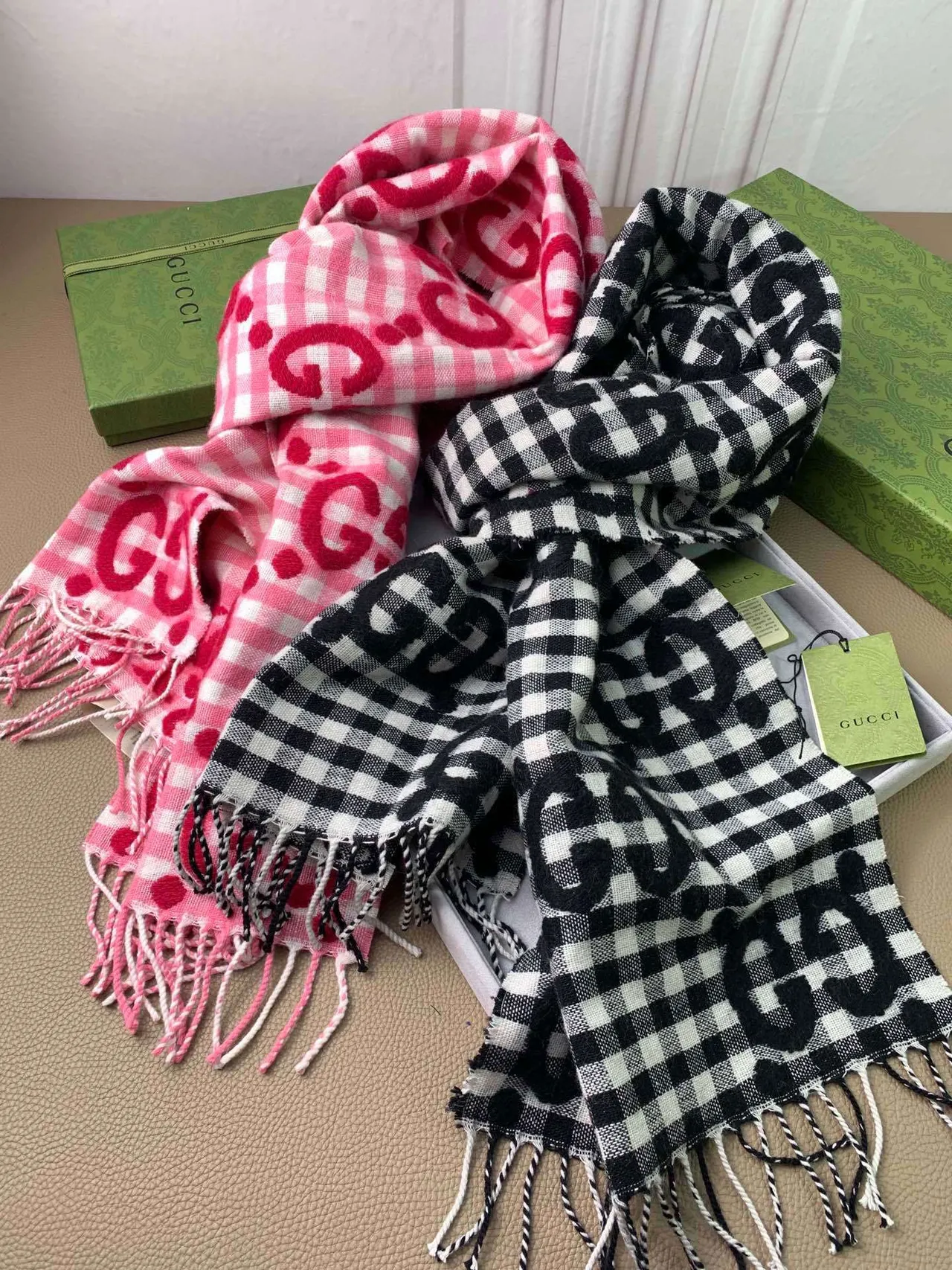 Gucci Pink and White Gingham Interlocking GG Monogram Cashmere Scarf 4
