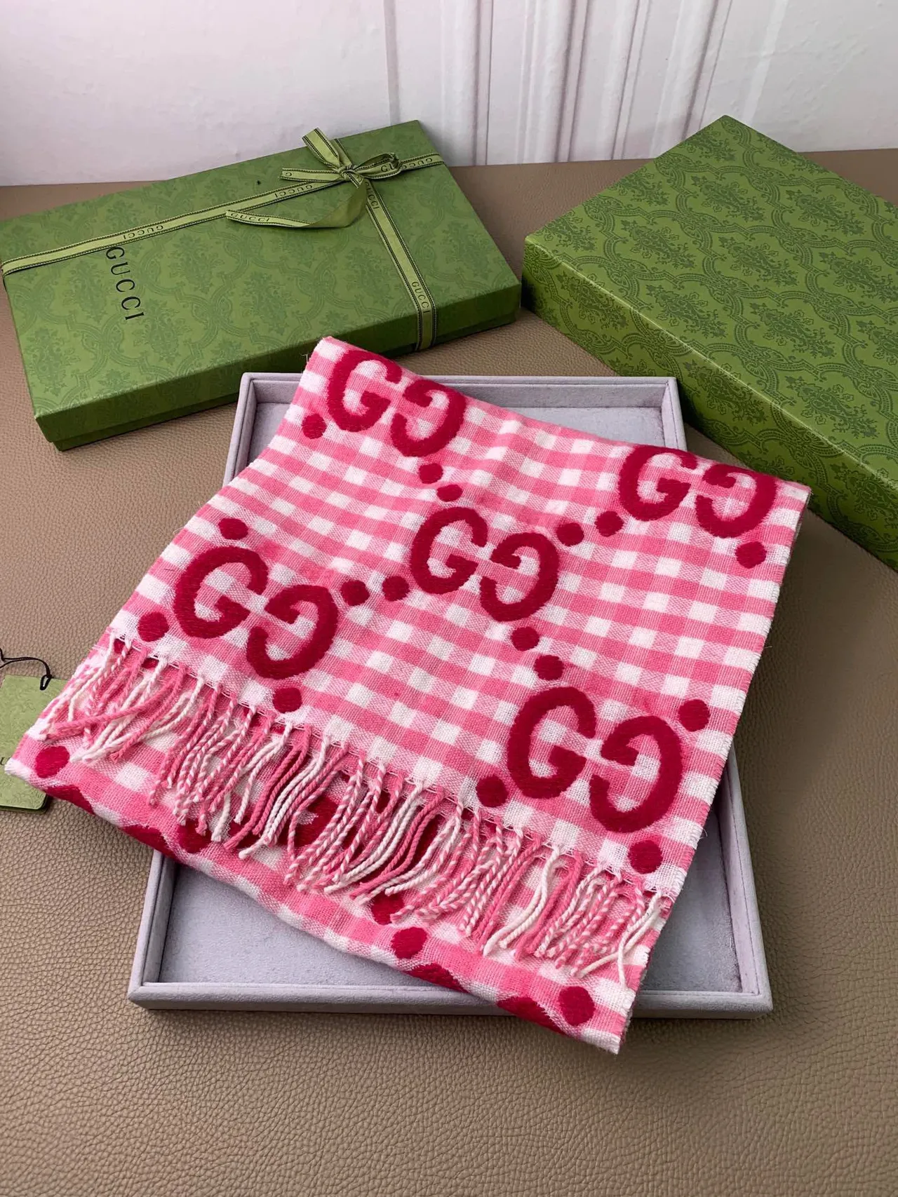 Gucci Pink and White Gingham Interlocking GG Monogram Cashmere Scarf 5