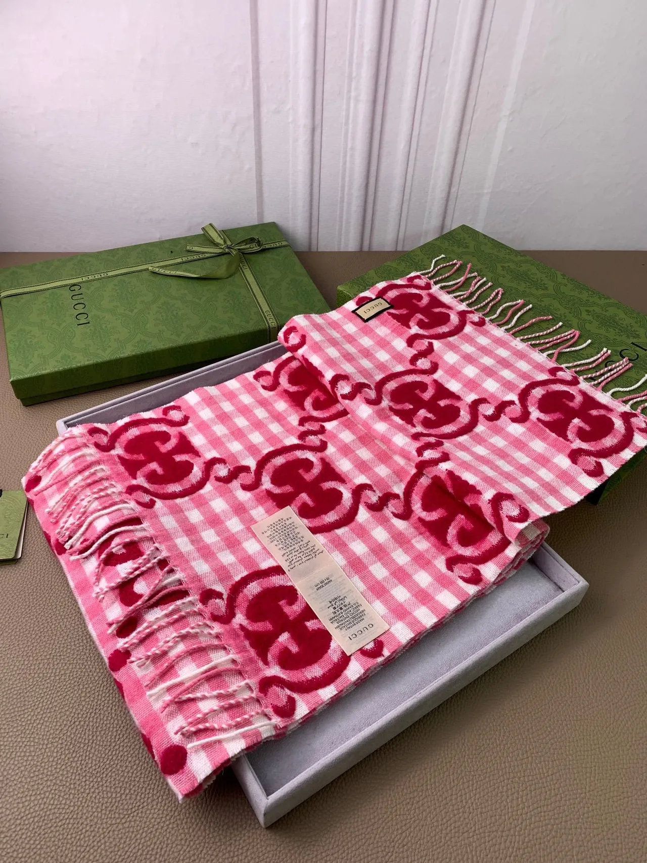 Gucci Pink and White Gingham Interlocking GG Monogram Cashmere Scarf 6