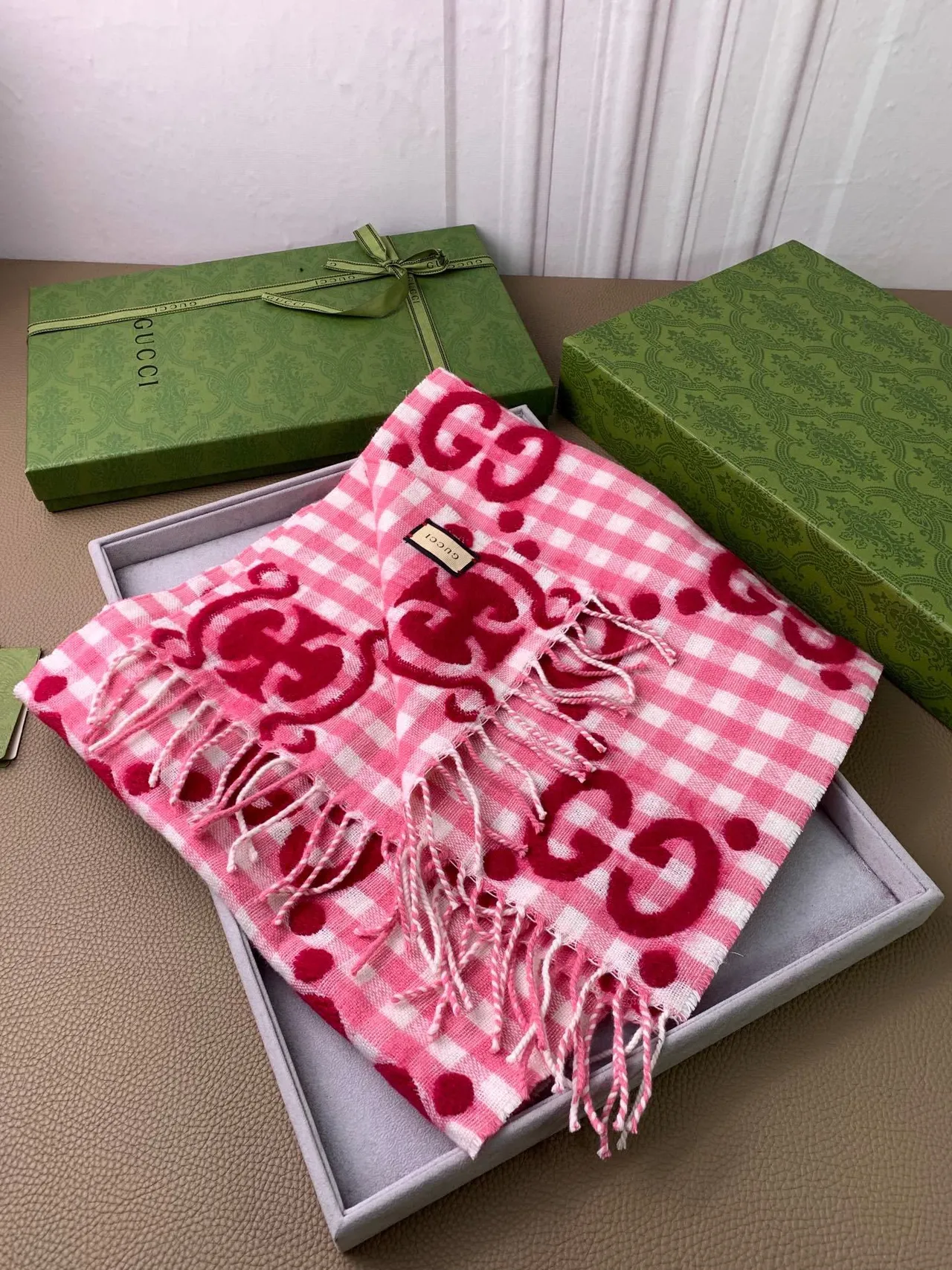 Gucci Pink and White Gingham Interlocking GG Monogram Cashmere Scarf 7