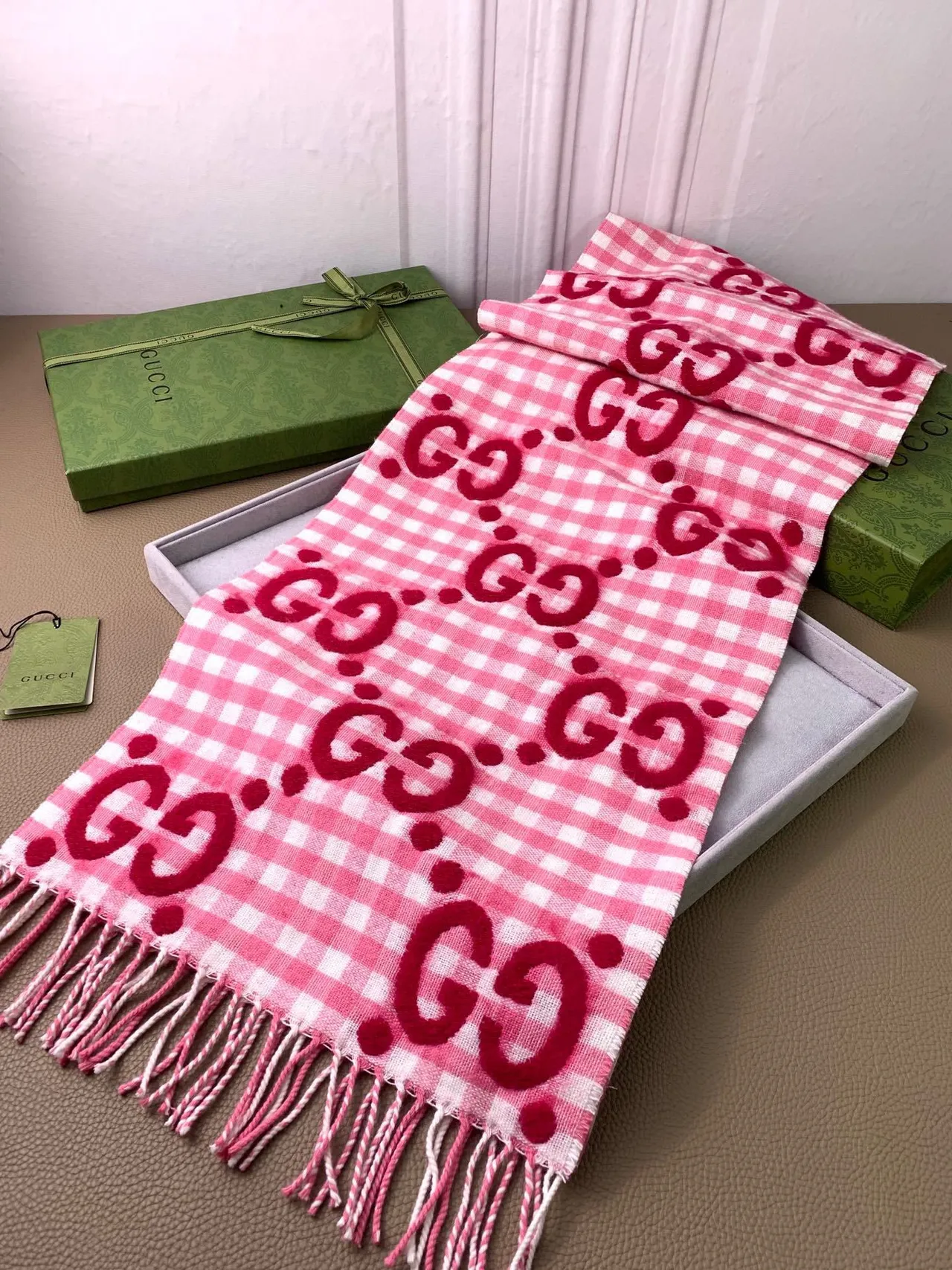 Gucci Pink and White Gingham Interlocking GG Monogram Cashmere Scarf 8
