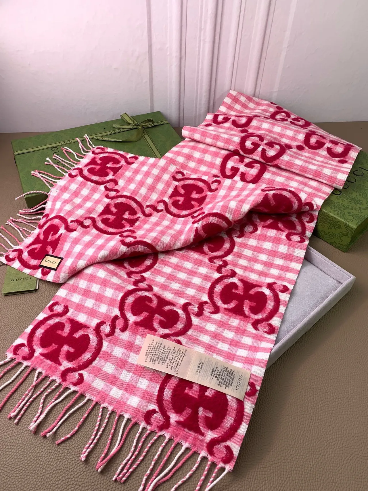 Gucci Pink and White Gingham Interlocking GG Monogram Cashmere Scarf 2