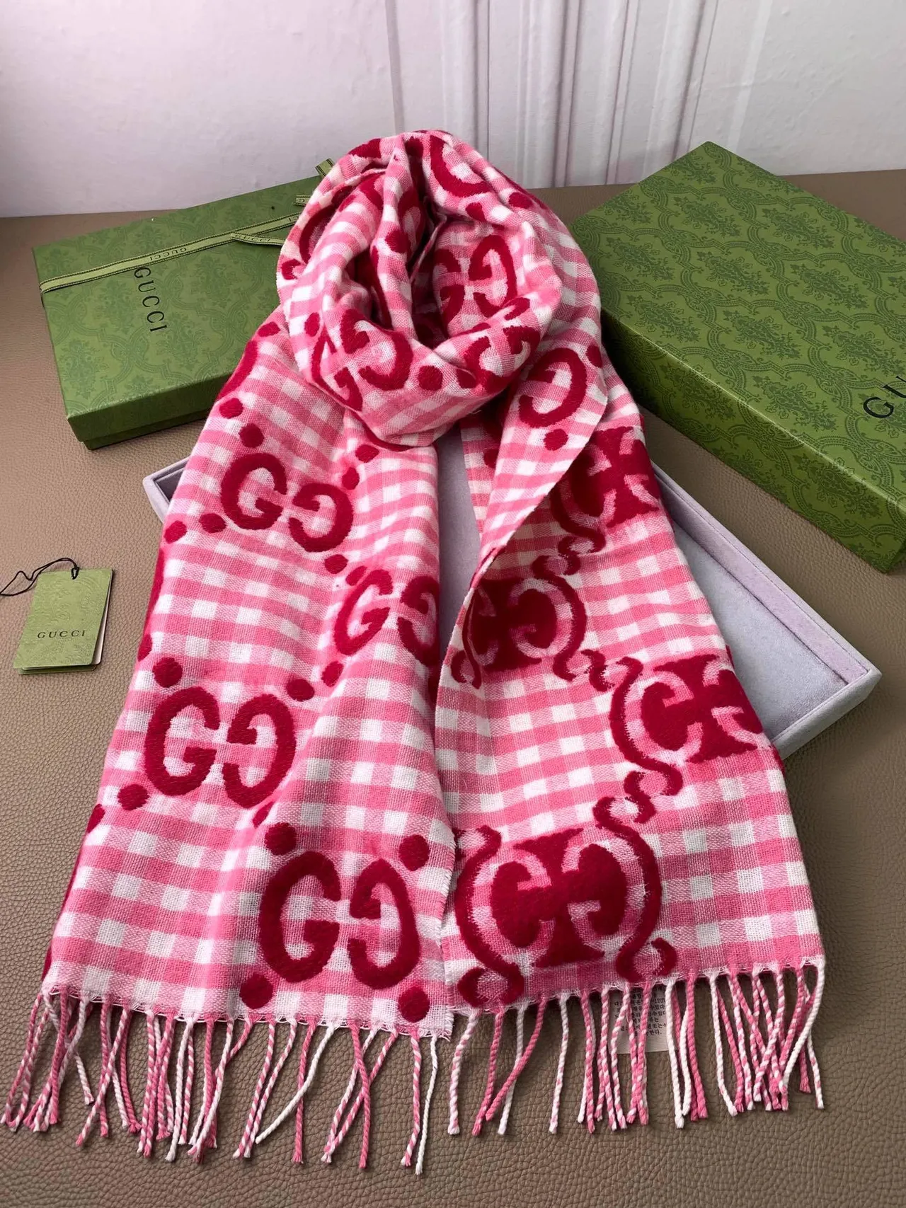 Gucci Pink and White Gingham Interlocking GG Monogram Cashmere Scarf 9