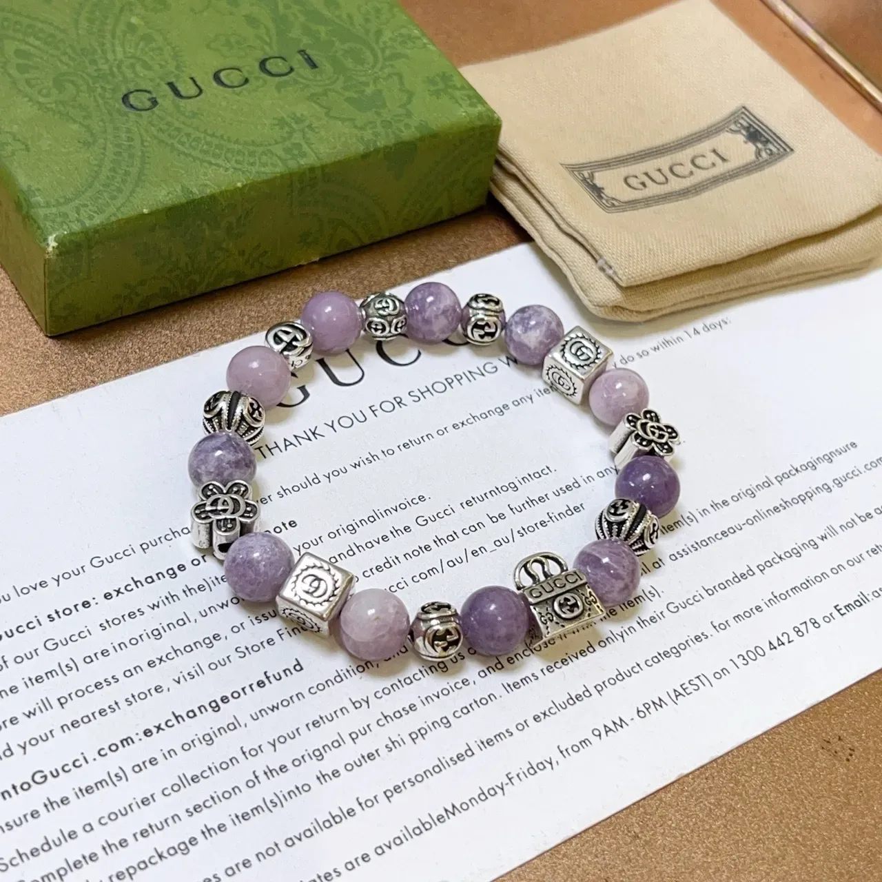 Gucci Purple Silver Beaded Metal-Charm Bracelet 3