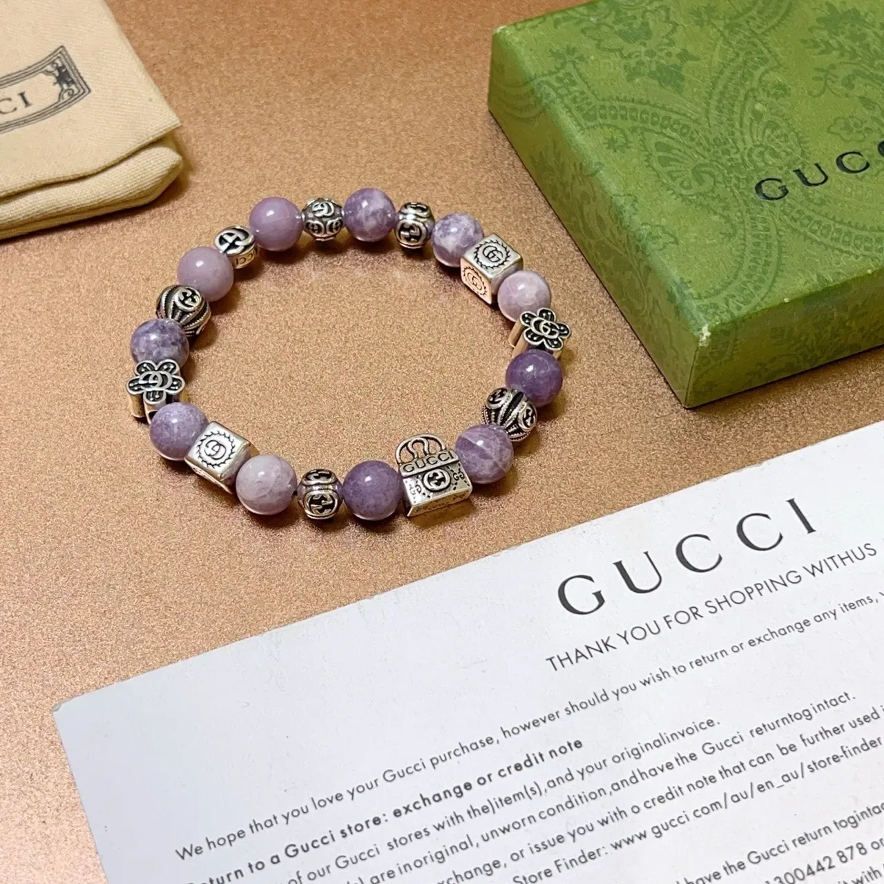 Gucci Purple Silver Beaded Metal-Charm Bracelet 4