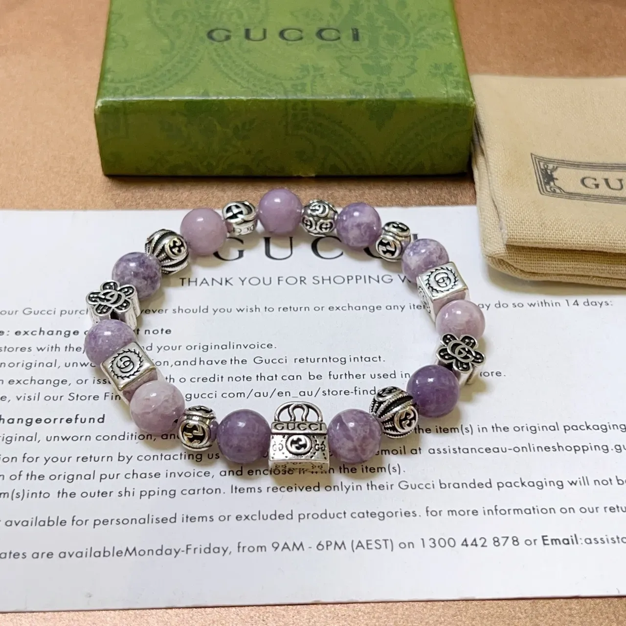 Gucci Purple Silver Beaded Metal-Charm Bracelet 7