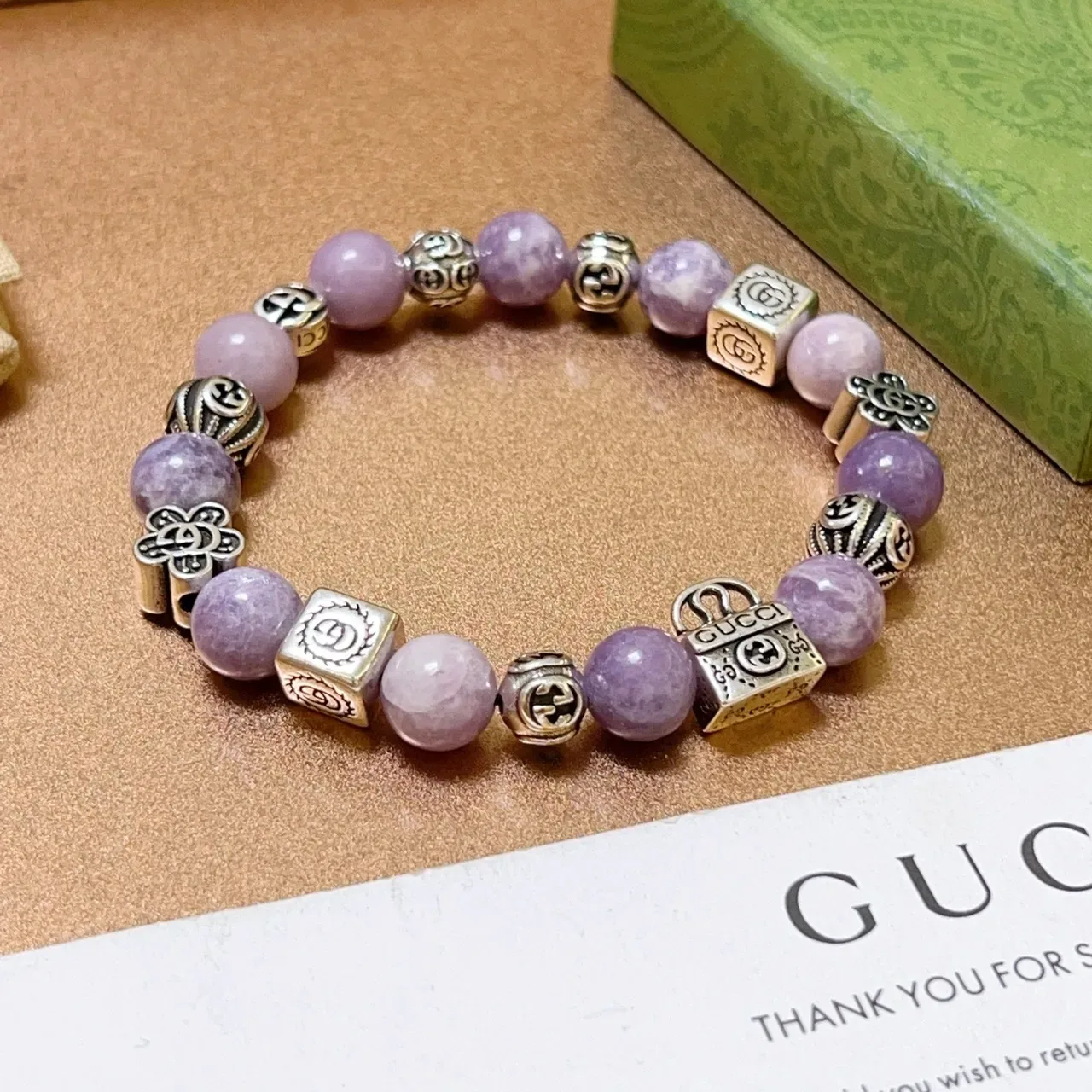 Gucci Purple Silver Beaded Metal-Charm Bracelet 9
