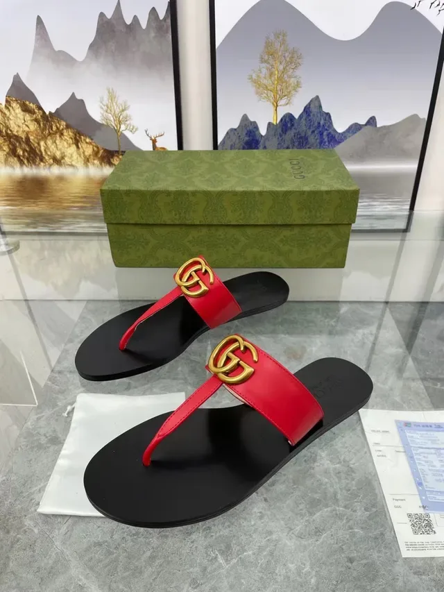 Gucci Red Black Flat Thong Silhouette Rubber Sole Casual Sandals 6