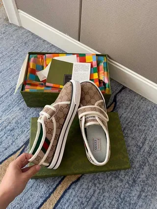 Gucci Screener Beige GG Monogram Canvas Velcro Strap Lifestyle Sneakers 4