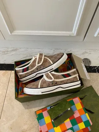 Gucci Screener Beige GG Monogram Canvas Velcro Strap Lifestyle Sneakers 7
