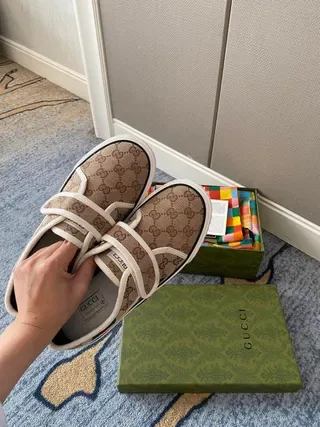 Gucci Screener Beige GG Monogram Canvas Velcro Strap Lifestyle Sneakers 9