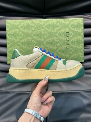 Gucci Screener Beige Green Web Stripe Slip-On Lifestyle Sneakers 6