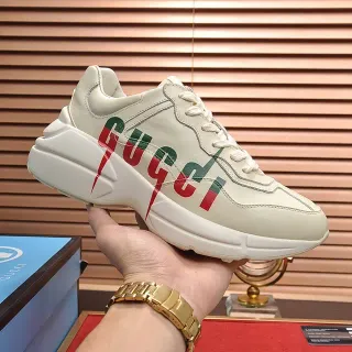 Gucci Screener Beige Red Chunky Sole Leather Upper Lifestyle Sneakers