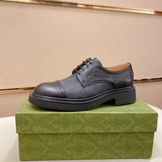 Gucci Screener Black Beige GG-Embossed Leather Cap Toe Oxford Shoes