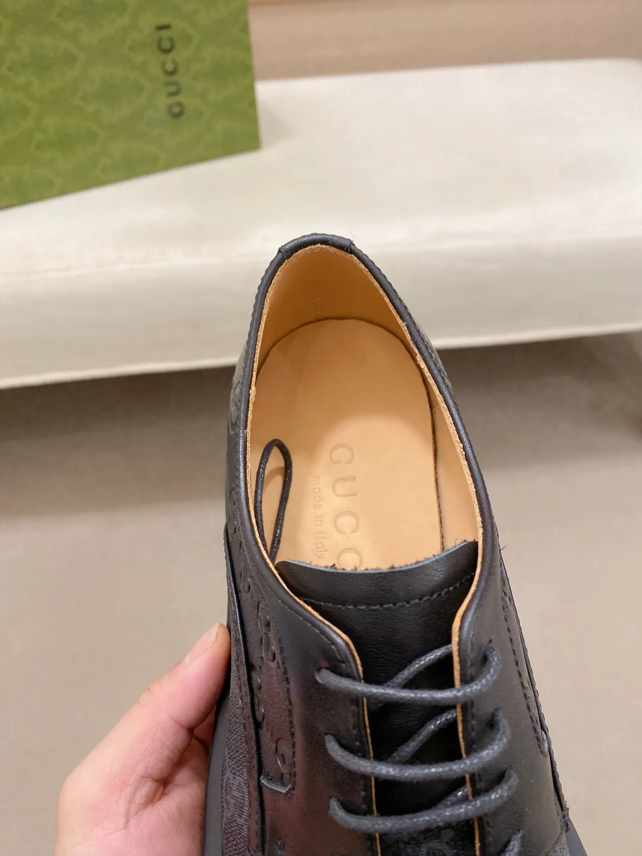 Gucci Screener Preto Bege GG-Embossed Leather Cap Toe Oxford Shoes 4
