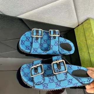 Gucci Screener Blue and Purple Monogram Double-Buckle Slide Slippers