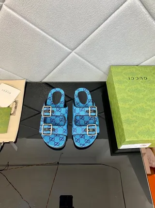 Gucci Screener Blue and Purple Monogram Double-Buckle Slide Slippers 2