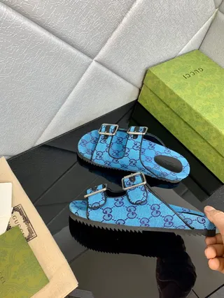 Gucci Screener Blue and Purple Monogram Double-Buckle Slide Slippers 3
