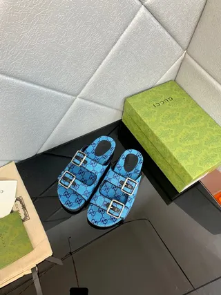 Gucci Screener Blue and Purple Monogram Double-Buckle Slide Slippers 4