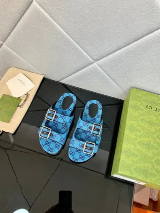 Gucci Screener Blue and Purple Monogram Double-Buckle Slide Slippers 6