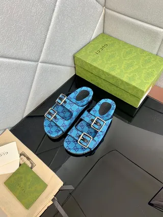 Gucci Screener Blue and Purple Monogram Double-Buckle Slide Slippers 8