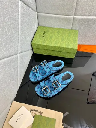 Gucci Screener Blue and Purple Monogram Double-Buckle Slide Slippers 9