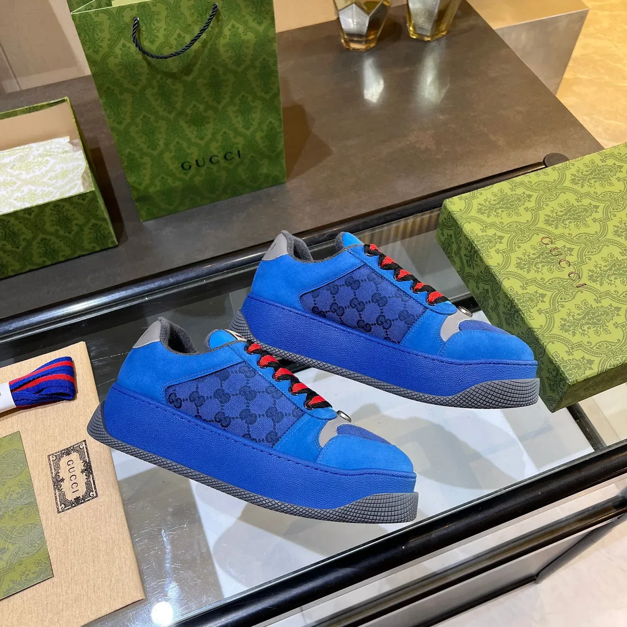 Gucci Screener أزرق GG Monogram حذاء رياضي منصة لايف ستايل 5