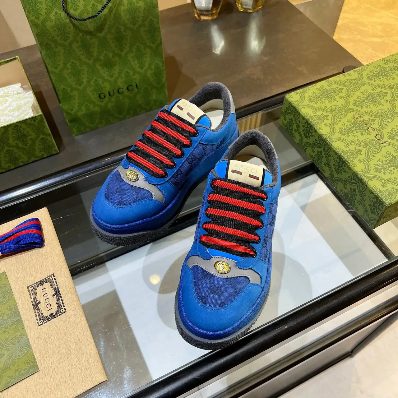 Gucci Screener أزرق GG Monogram حذاء رياضي منصة لايف ستايل 7
