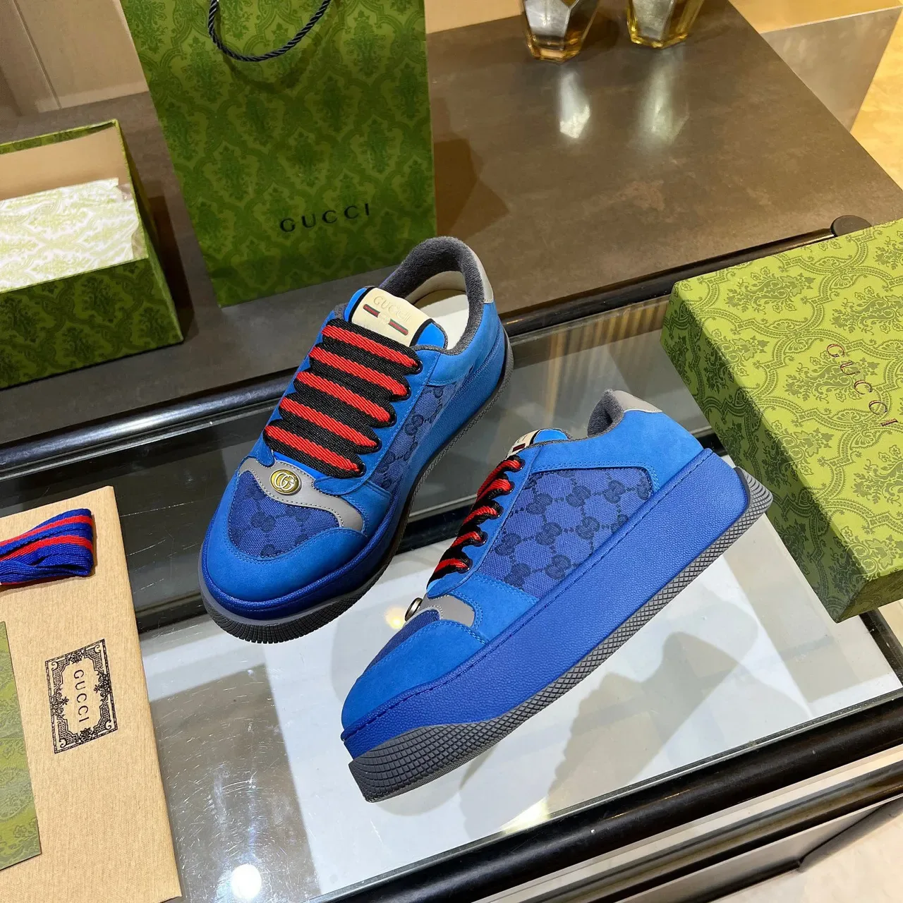 Gucci Screener أزرق GG Monogram حذاء رياضي منصة لايف ستايل 8