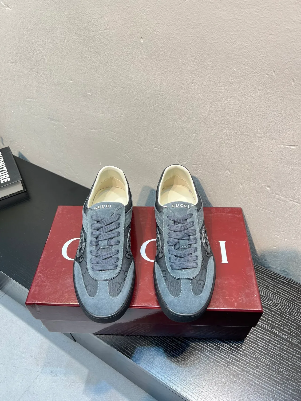 Gucci Screener Charcoal Gray Suede and Monogram Canvas Lifestyle Sneakers 2