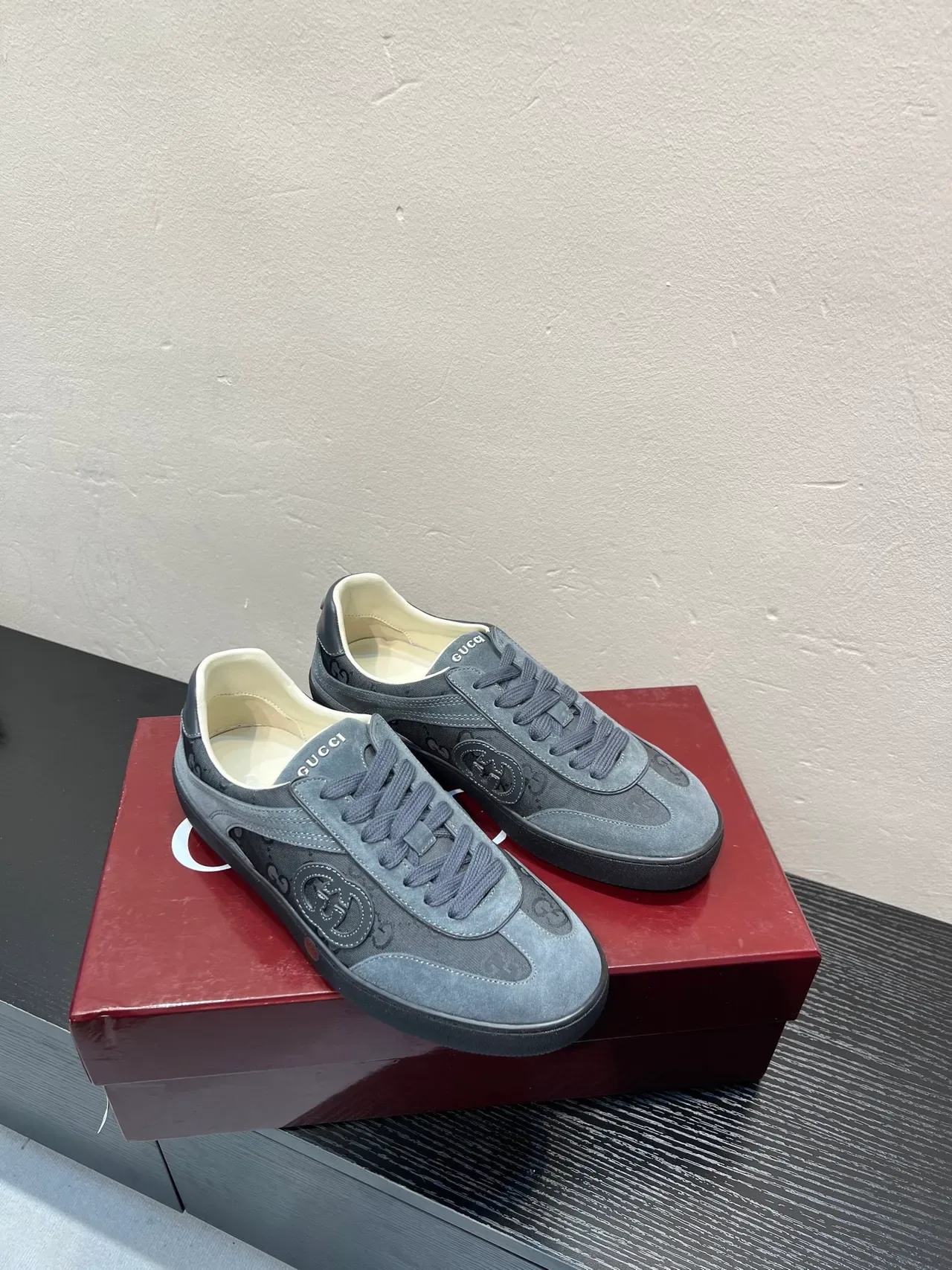Gucci Screener Charcoal Gray Suede and Monogram Canvas Lifestyle Sneakers 5