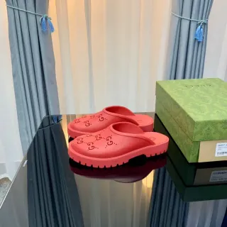 Gucci Screener Coral Red GG Monogram Slippers