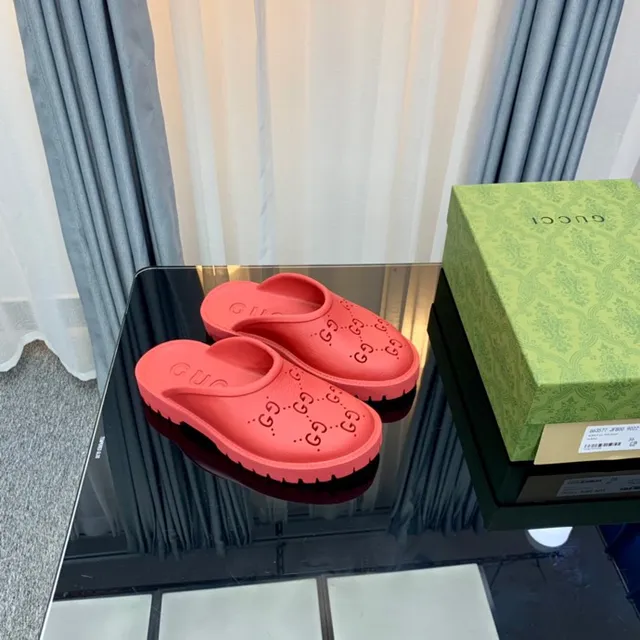 Gucci Screener Coral Red GG Monogram Slippers 6