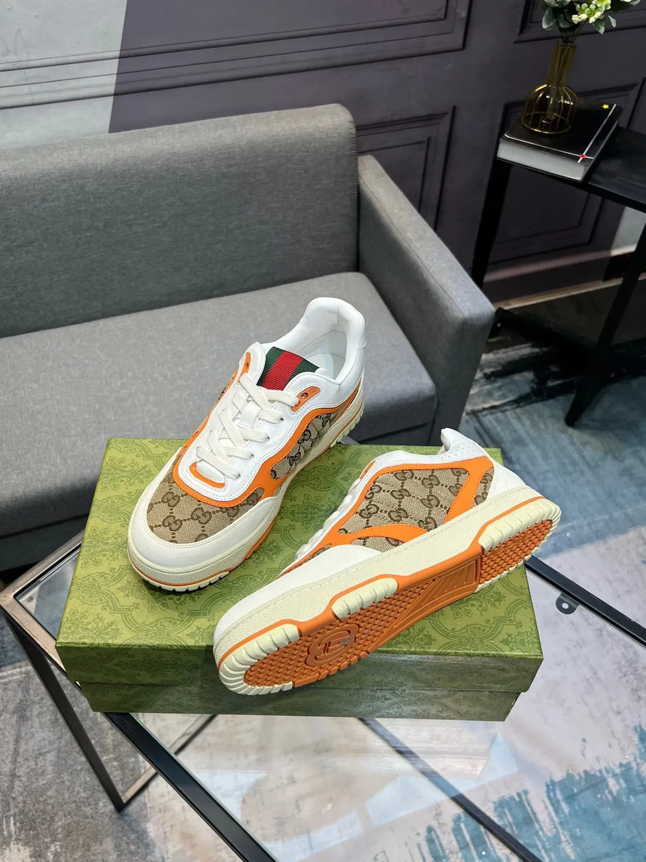 Gucci Screener GG Monogram Tênis Lifestyle com Trim Laranja 9