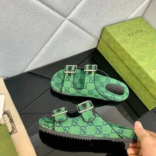 Gucci Screener Green GG Monogram Canvas Double Buckle Slippers