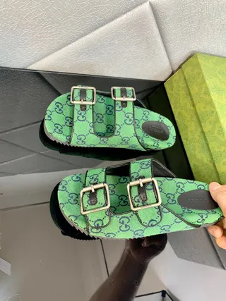 Gucci Screener Green GG Monogram Canvas Double Buckle Slippers 2