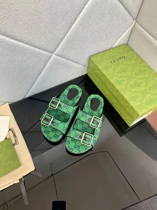 Gucci Screener Green GG Monogram Canvas Double Buckle Slippers 3