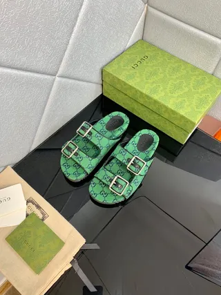 Gucci Screener Green GG Monogram Canvas Double Buckle Slippers 4